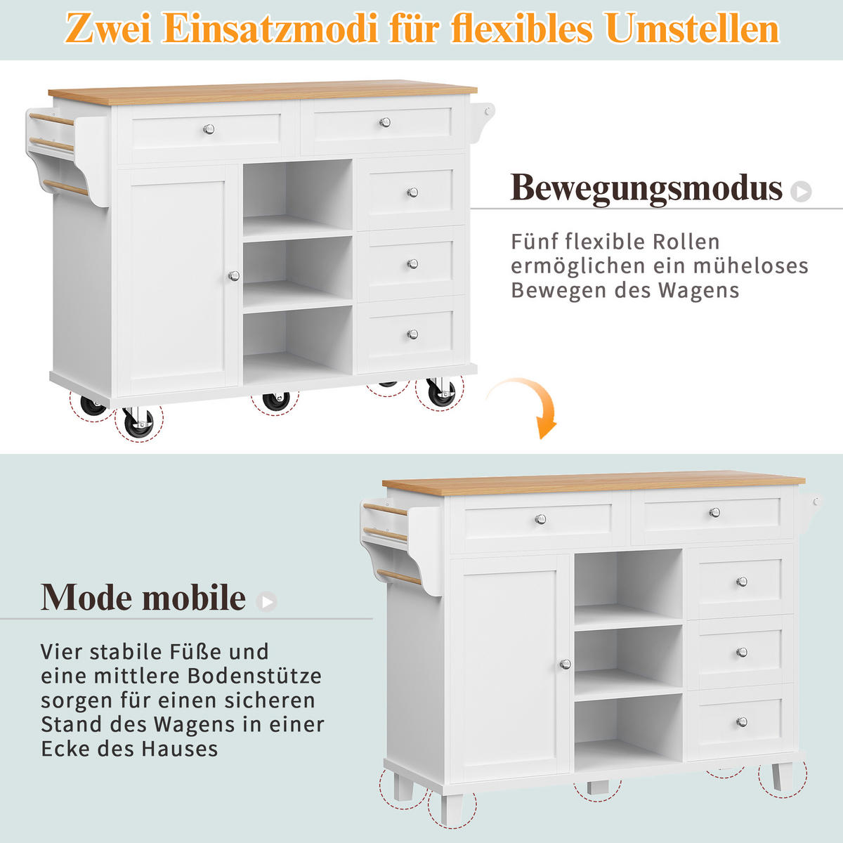 KÜCHENINSEL 134/46/92 cm weiß mit Rollen und viel Stauraum - Weiß, Holzwerkstoff (134/92/46cm) - OKWISH