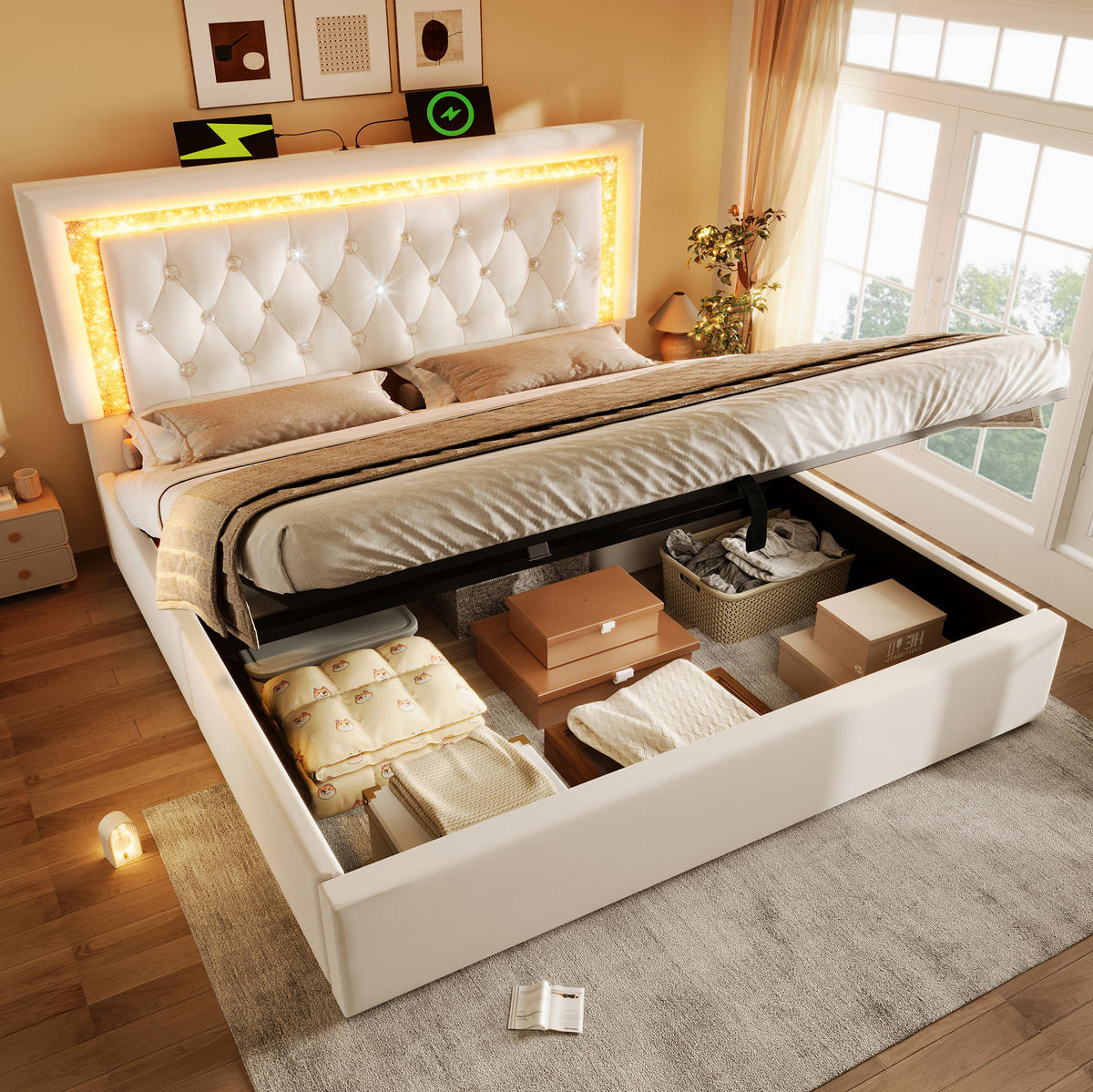 ČALÚNENÁ posteľ z velvetu 180x200 cm béžová s LED osvetlením, USB a USB-C, hydraulickým úložným priestorom - béžová, textil (180/200cm) - Modfu