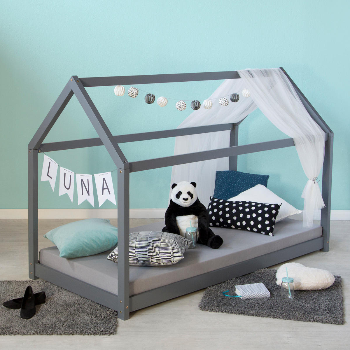 HAUSBETT 80/160 Grau mit Matratze und Lattenrost - Grau, Holz (88/137/166cm) - Homestyle4u