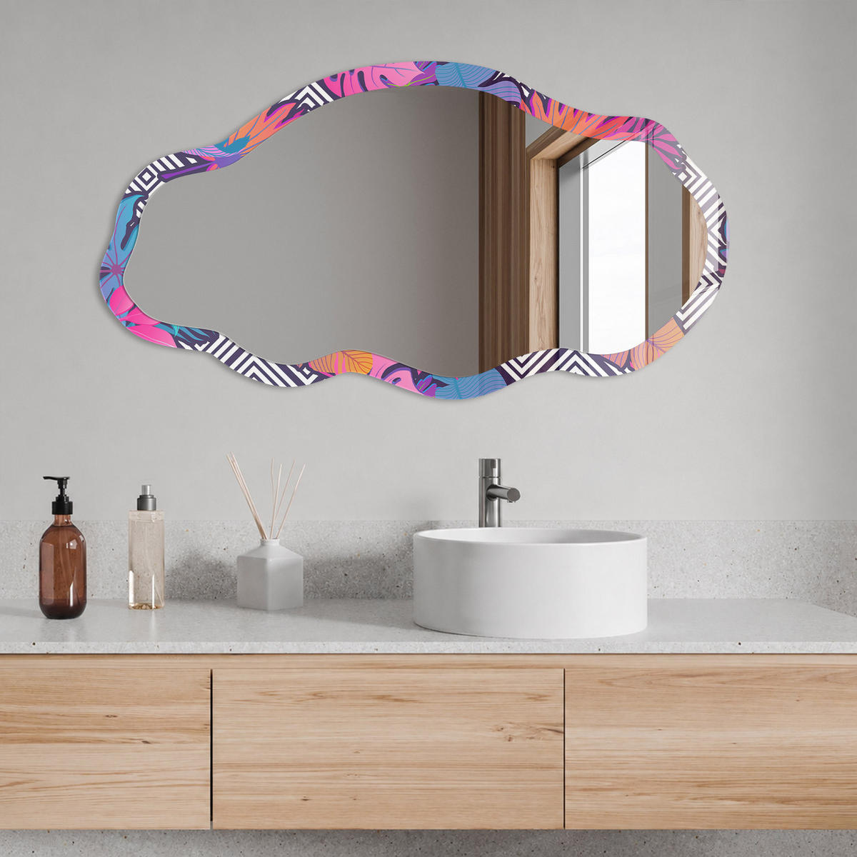 SPIEGEL 90x45 cm asymmetrisch mit Druck - Tropisches Muster - Transparent, Glas (45/90/0.4cm) - TULUP