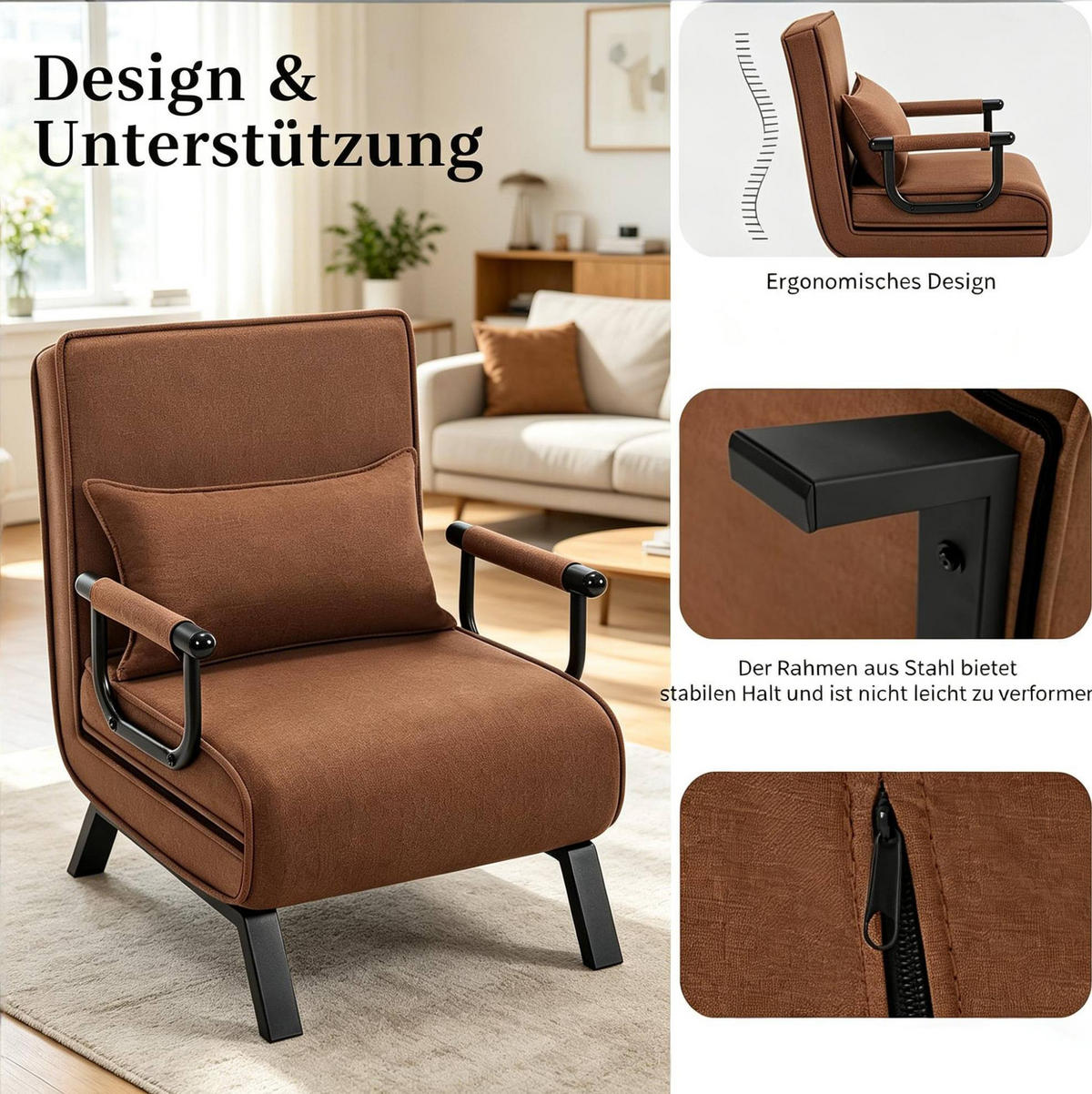 SCHLAFSESSEL 65/78/75 cm in Braun, 3-in-1 mit Schlaffunktion - Braun, Metall (65/78/75cm) - BEAOK