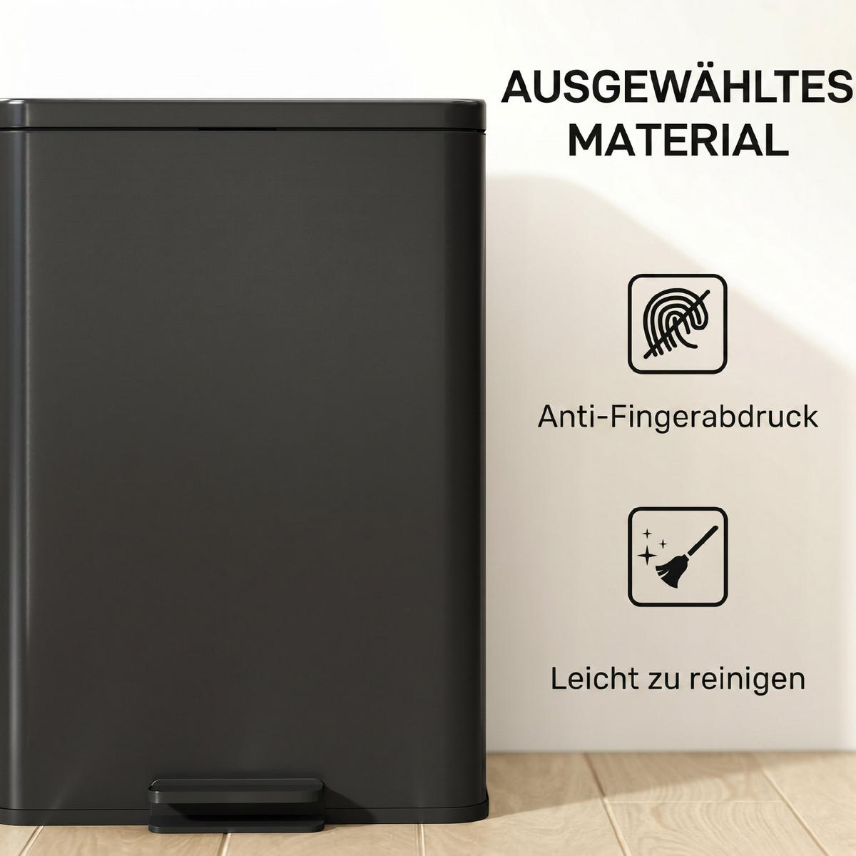 TRETEIMER MIT SOFTCLOSE-DECKEL 34,2/30,6/44,2 cm Edelstahl Mattschwarz Mülleimer 20L Küche - Schwarz, Metall (30.6/44.2/34.2cm) - Rolipo