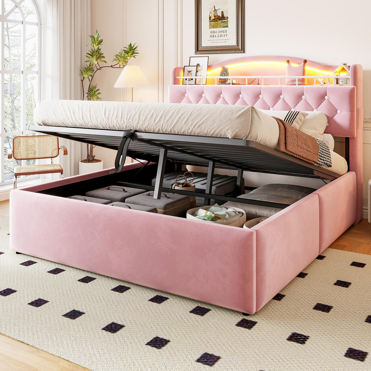 POLSTERBETT Rosa aus Textil 140×200cm mit hydraulischem Stauraum, Samtbezug, LED-Beleuchtung und USB-Ladeanschlüssen - Rosa, Textil (140/200cm) - Luhomfu