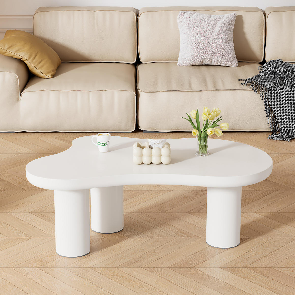 COUCHTISCH Wolkenform 107/66/40,5 cm Weiß MDF und PVC mit Filzunterlage - Weiß, Holzwerkstoff (107/66/40.5cm) - OKWISH