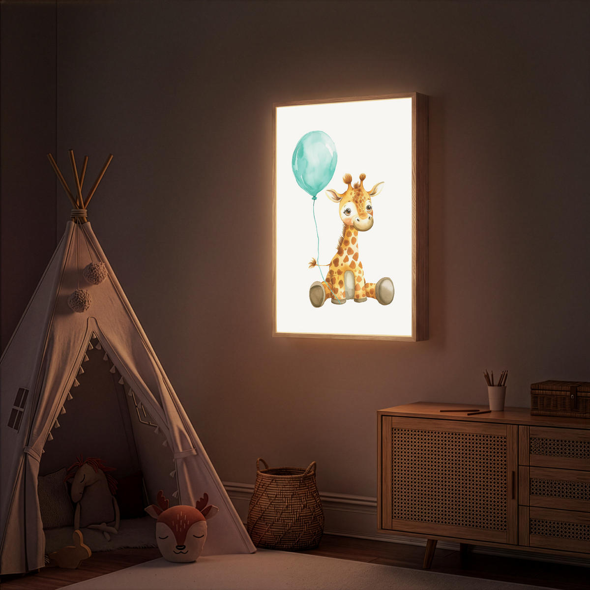 NACHTTISCHLAMPE MIT AKKU Giraffe - Baby - Tiere - Blauer Ballon 60x90 cm - Weiß, Holzwerkstoff (8/60/90cm) - OnlyWow