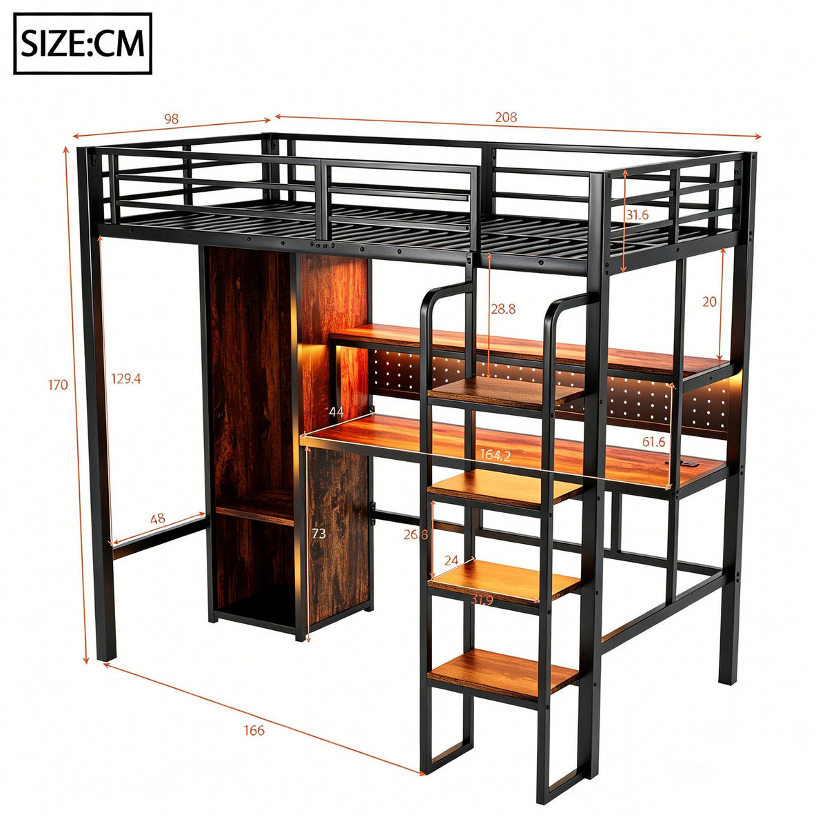 PATROVÁ postel 90/200 cm černá z kovu a MDF s psacím stolem, LED osvětlením a šatní skříní - černá, kov (90/200cm) - OKWISH