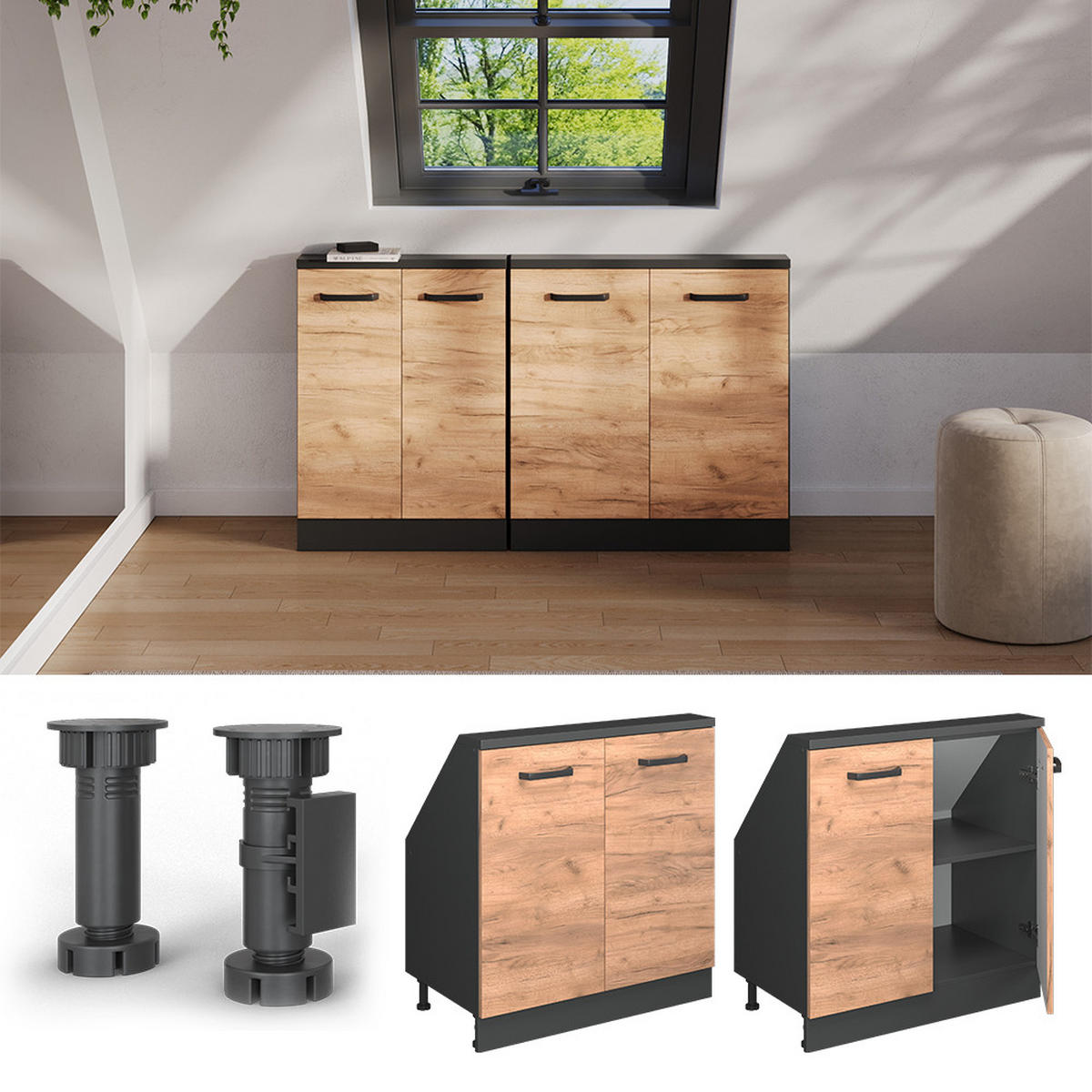 KUCHYŇSKÁ SKŘÍŇKA POD ŠIKMOU STŘECHU R-Line Zlatý dub power/antracit - medově dubová/antracitová, kompozitní dřevo (80/81.6/46cm) - Vicco