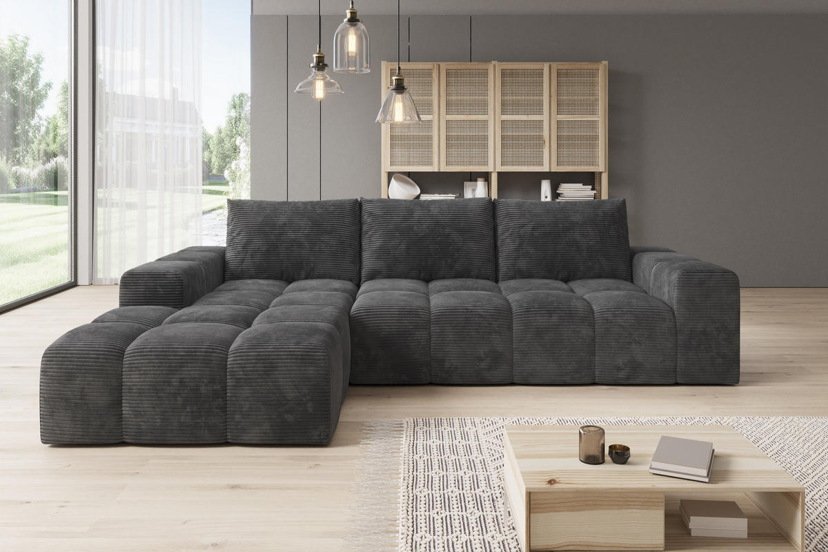 ECKSOFA Cento, L-Form, Ottomane Links, Cordstoff, 285x56x180 cm, Dunkelgrau - Dunkelgrau, Holz (180/285cm) - PROMETO Möbel
