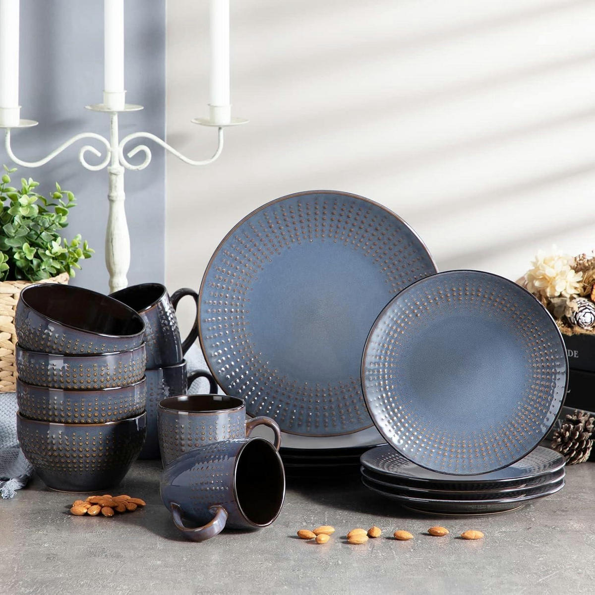 KOMBISERVICE 16-teiliges Set Steinzeug Dunkelblau Grau - Blau, Keramik (26.7/3/26.7cm)
