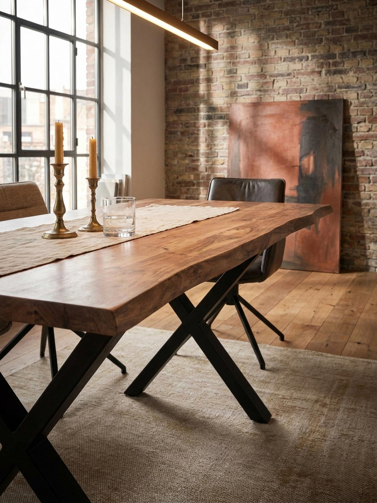 ESSTISCH Massivholz Metall X-Gestell Baumkante Industrial KRETA, Goldbraun-Schwarz 160x80x76 cm - Schwarz/Braun, Holz/Metall (80/160/76cm) - KADIMA DESIGN