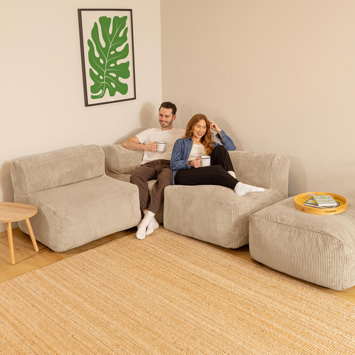 SITZSACK-SOFA 4-tlg. ZEN: Ecksessel, 2 Sessel, Fußstütze - Beige, Textil (385/68/100cm) - icon