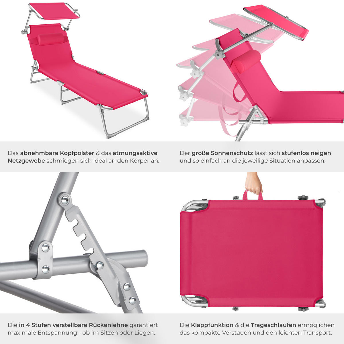 GARTENLIEGE Chloé,190 x 68 x 65 cm,pink - Pink, Kunststoff (68/65/190cm) - tectake