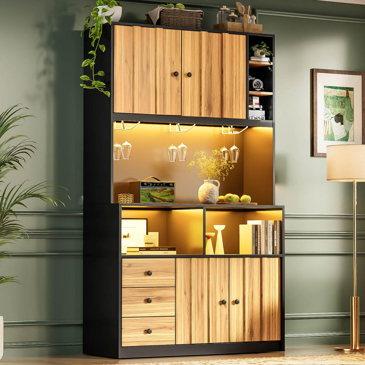 BUFFET DE-38715 100/40/180 cm LED-Beleuchtung und 3 Weinglashalter Natur - Naturfarben, Holzwerkstoff (100/180/40cm) - ComfortXL
