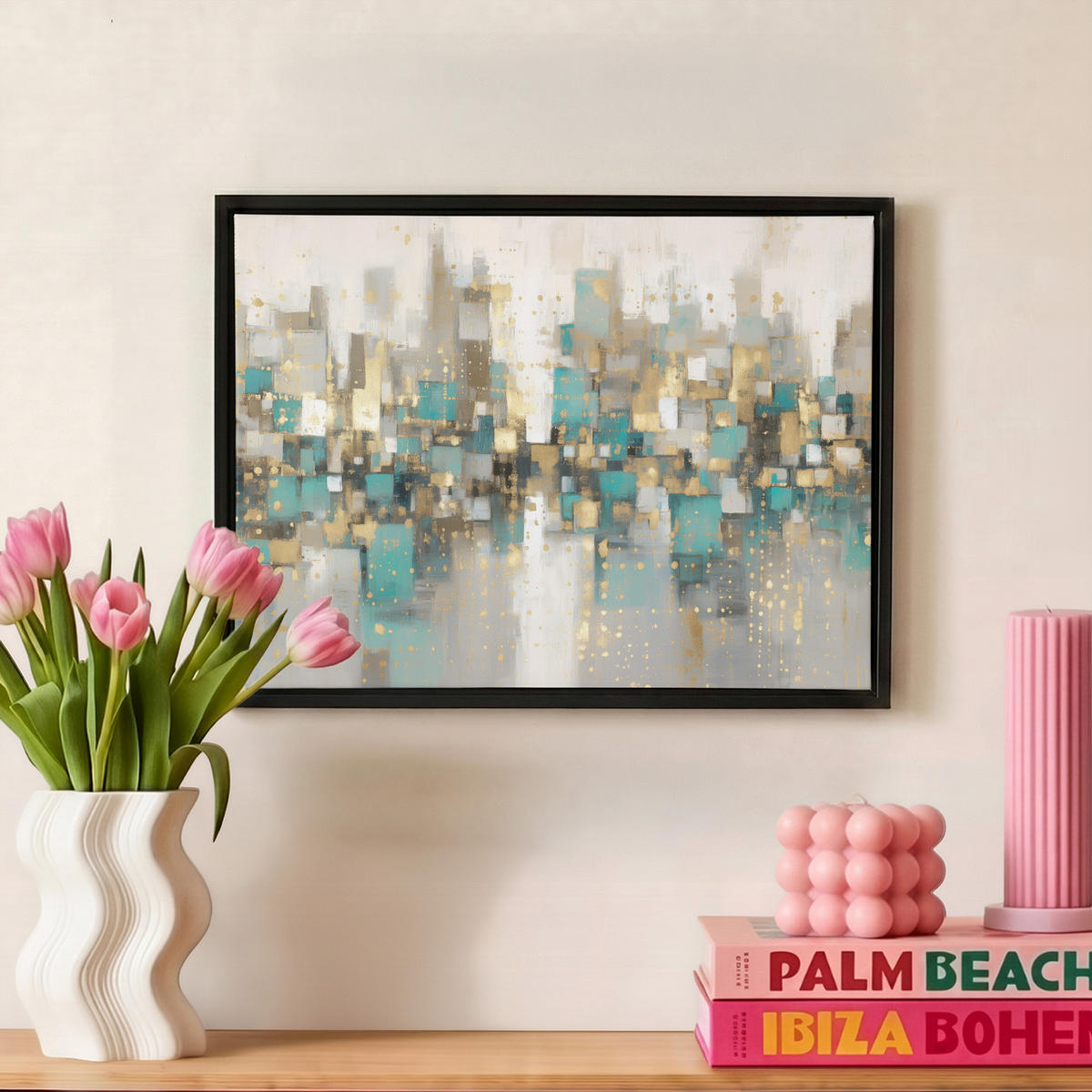 LEINWAND Bilder mit Rahmen - Abstrakt - Blöcke - Gold - Skyline - 40x30 - Beige, Textil (40/30cm) - MuchoWow