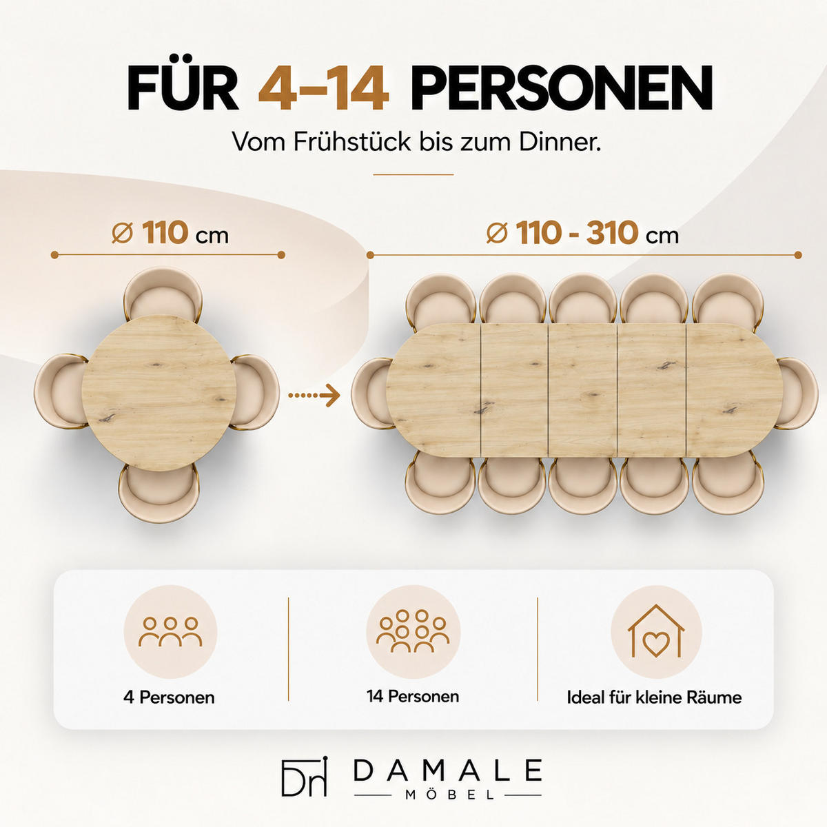 ESSTISCH rund ausziehbar 110-310/110/76 cm, Hellbraun Artisan Egger, 54 cm Tischplatte + X Metallbeine Weiß - Weiß/Eiche Artisan, Holzwerkstoff/Metall (110/110/76cm) - Damale Möbel