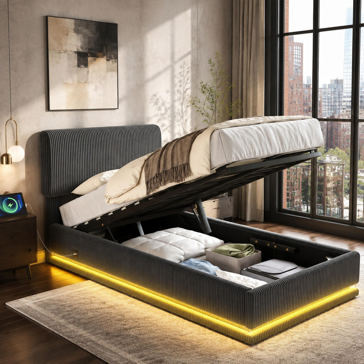 POLSTERBETT 90/200 mit LED, USB-C und Stauraum in Dunkelgrau - Grau, Holzwerkstoff/Textil (90/200cm) - EVRYAE