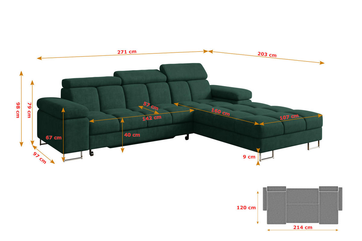 ECKSOFA mit Schlaffunktion Ottomane Rechts COMA L 271x203x79 Grün Velours - Grün, Holzwerkstoff/Textil (203/271cm) - ALTDECOR