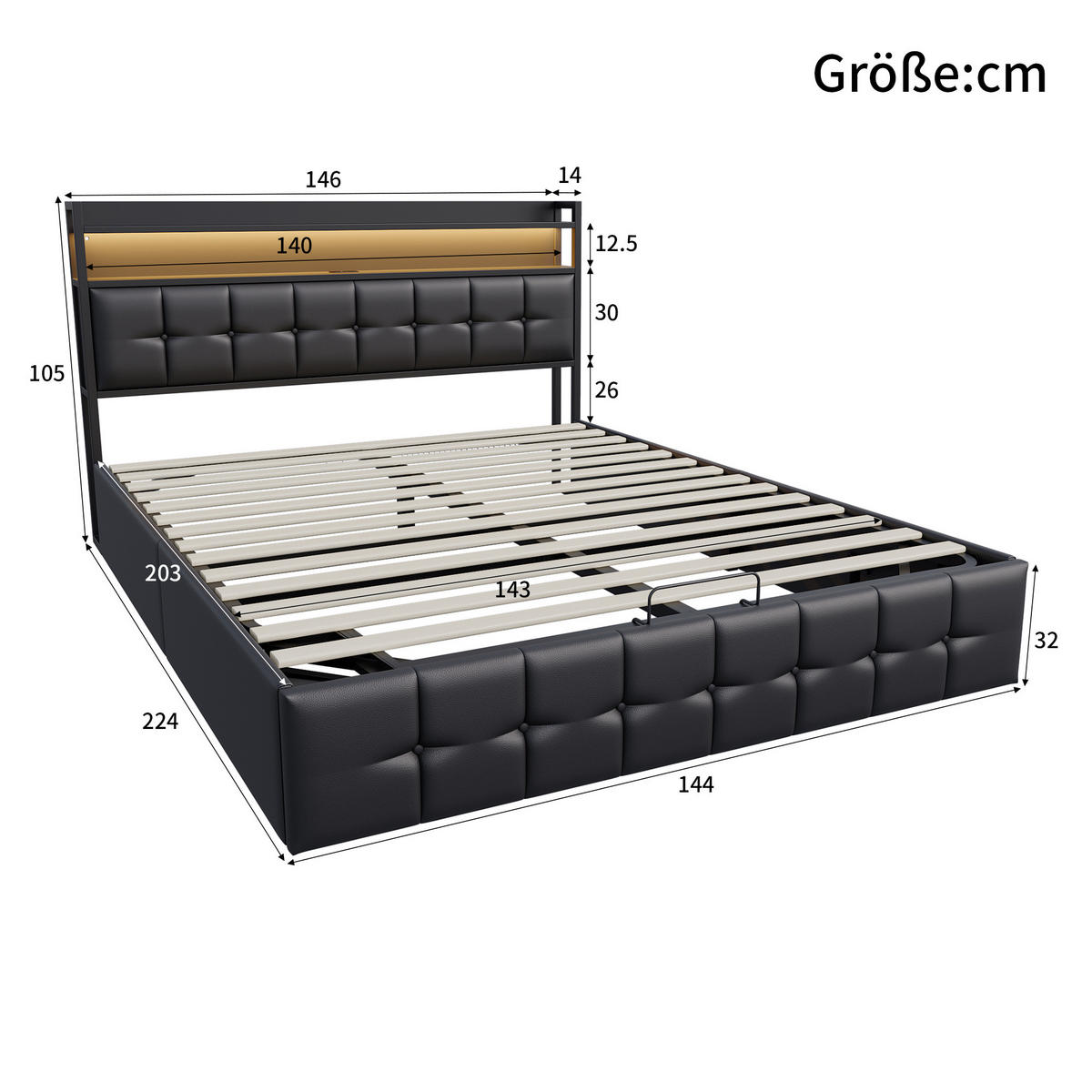 BETT mit Bettkasten 140x200 cm mit LED und USB, Polsterbett 140x200, Doppelbett 140x200 mit Stauraum, Lattenrost, Kopfteil, Schwarz PU - Schwarz, Textil/Metall (140/200cm) - GENKI LIVING