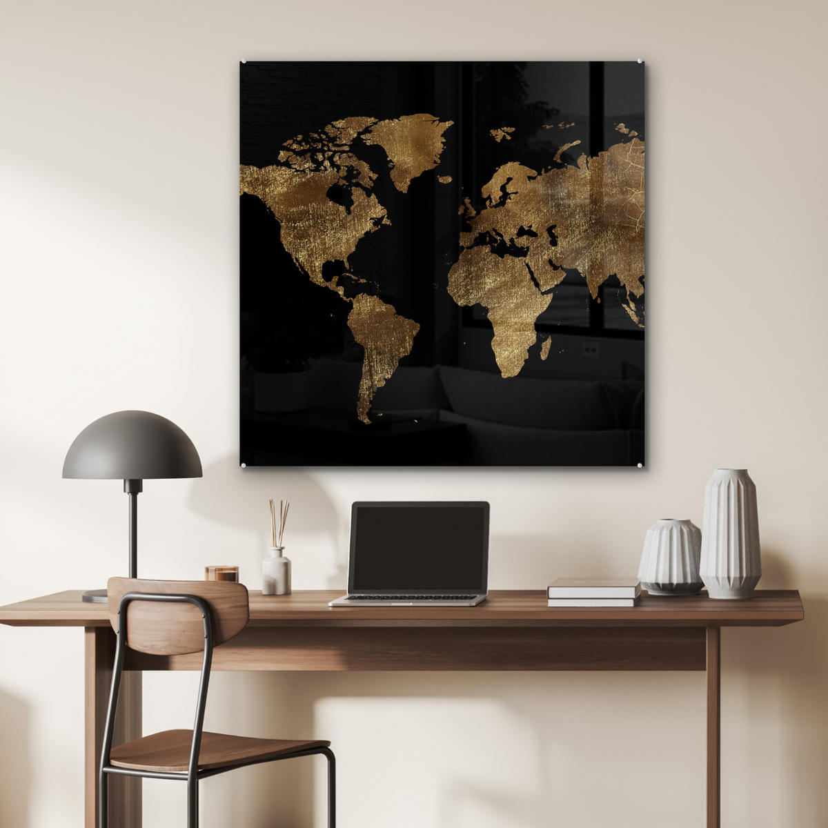 ACRYLGLASBILD Weltkarte - Gold - Luxus - Erde - Schwarz 90x90 cm - Goldfarben, Glas (90/90cm) - MuchoWow