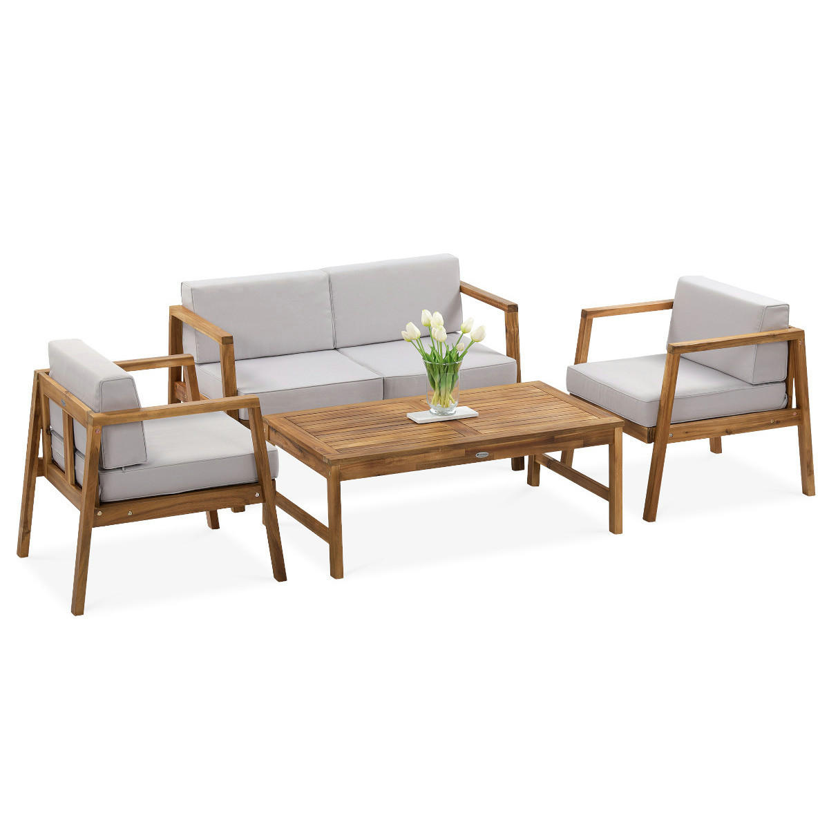 GARTENSET Viken aus Akazienholz, 2-Sitzer Sofa + 2 Sessel + Couchtisch, Hellgrau - Hellgrau, Holz - Beautysofa