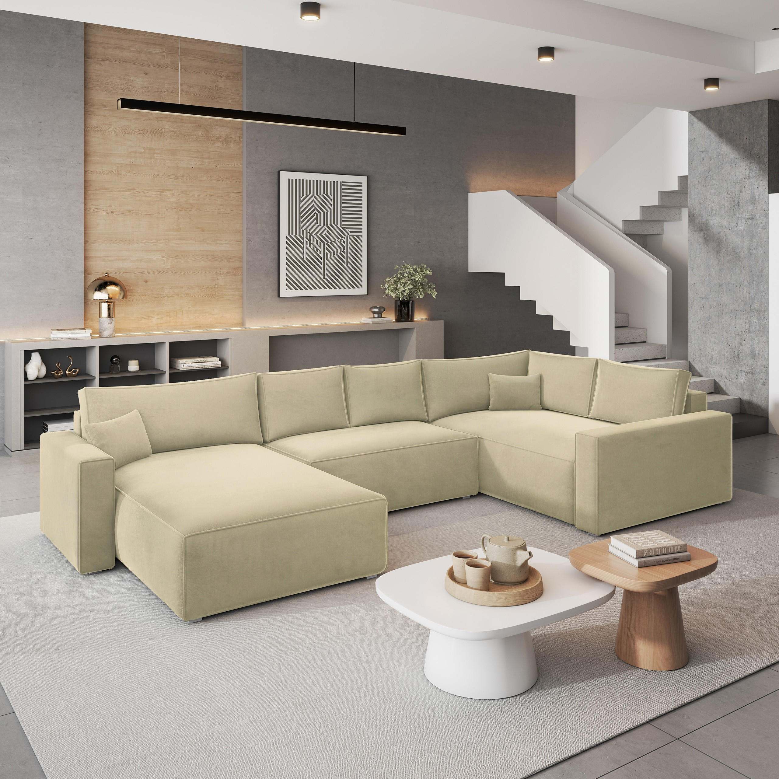WOHNLANDSCHAFT VELAMI R-S Creme Velours-Stoff mit Schlaffunktion - Creme, Holz (365/83/194cm) - MASSENO