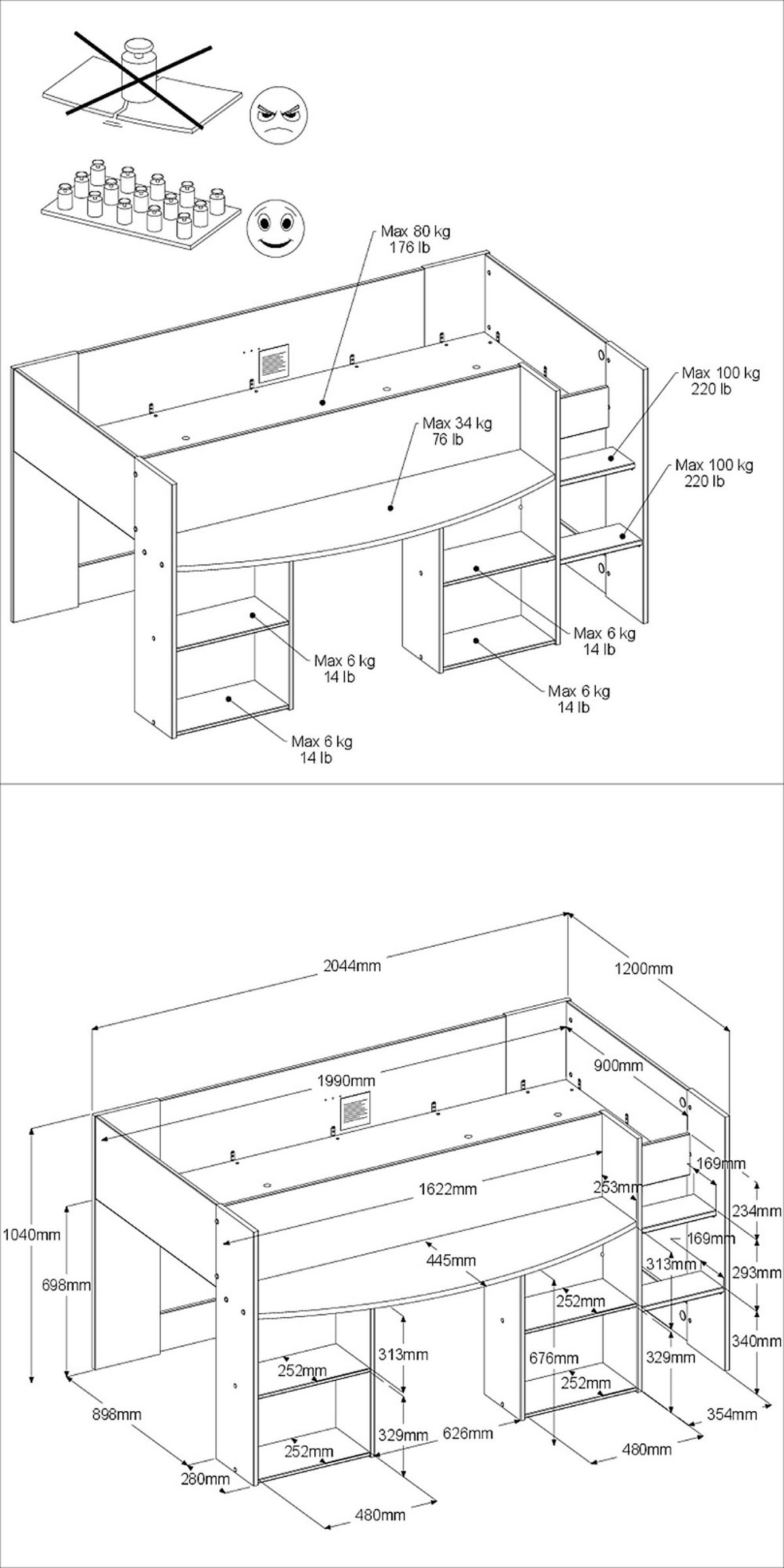 HOCHBETT Bett 90 x 200 cm mit Stauraum und Bastelfläche - Weiß/Kieferfarben, Holzwerkstoff (90/200cm) - Parisot Meuble