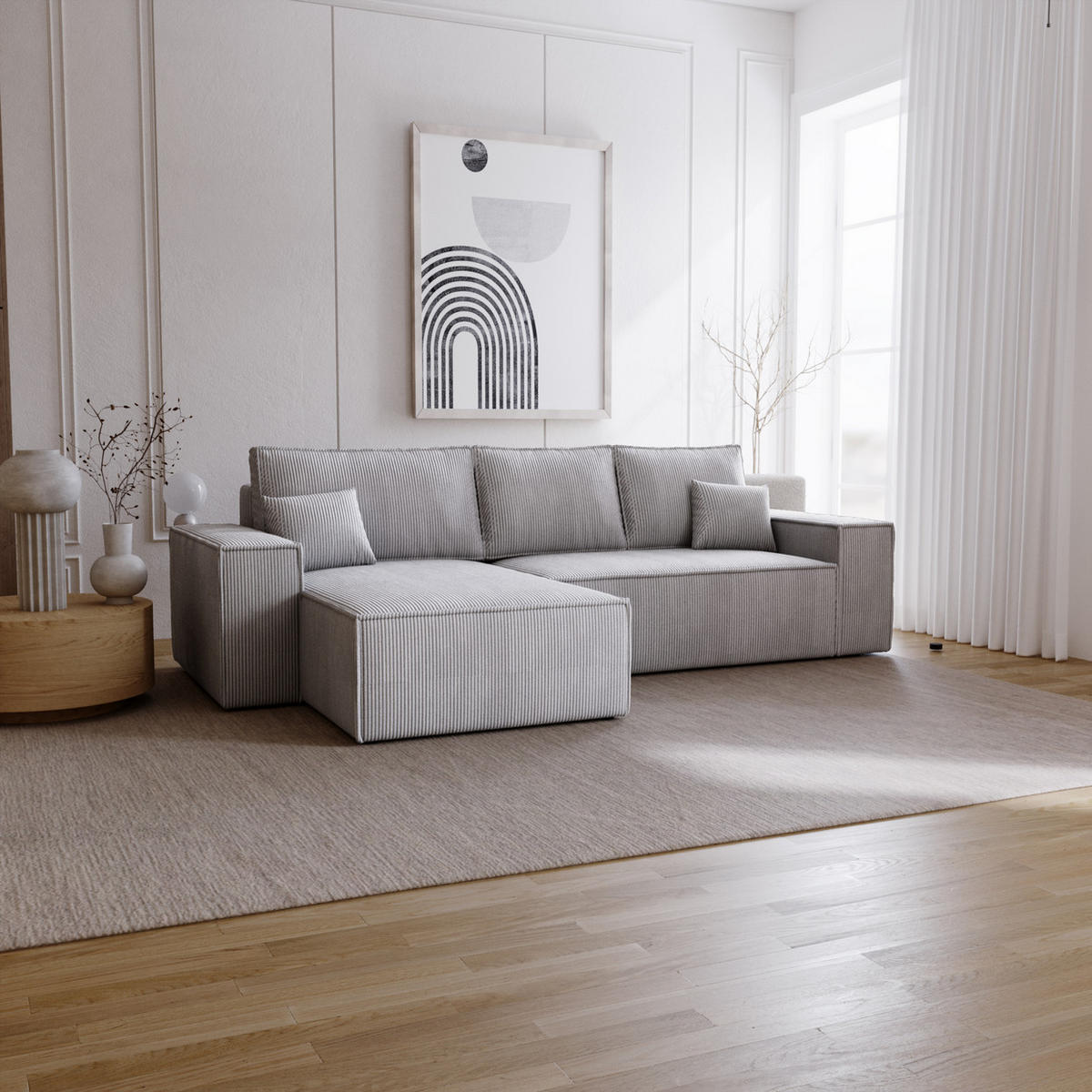 ECKSOFA Bergamo L mit Cordstoff, 280 cm, Schlaffunktion, Links - Hellgrau - Hellgrau, Holz (277/189cm) - Emporius