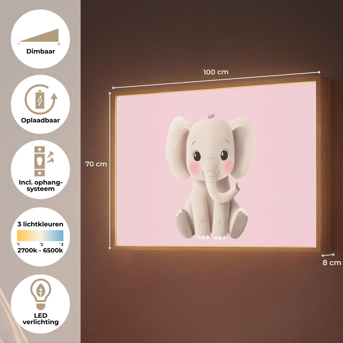 NÁSTĚNNÁ LAMPA S AKUMULÁTOREM Slon - Dítě - Růžová - Kreslený film 100x70 cm - světle růžová, kompozitní dřevo (100/70/8cm) - OnlyWow