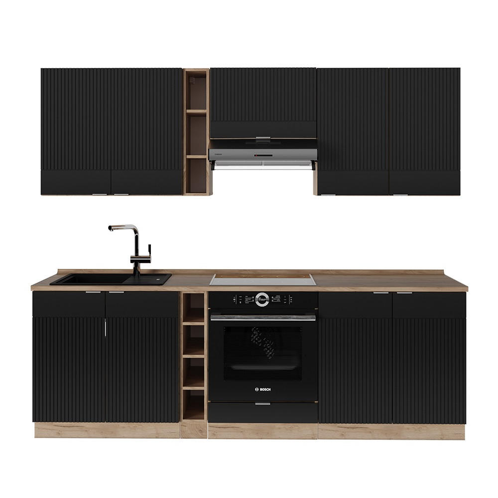 KÜCHENZEILE Fame-Line, Schwarz gestreift/Goldkraft Eiche, 280 cm ohne Arbeitsplatte - Honigeiche/Schwarz, Holzwerkstoff (280/81.6/46cm) - Vicco