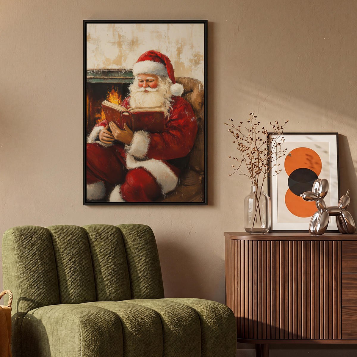 LEINWAND Bilder mit Rahmen - Weihnachten - Weihnachtsmann - Winter - Open Fireside - 60x90 - Dunkelrot, Textil (60/90cm) - MuchoWow