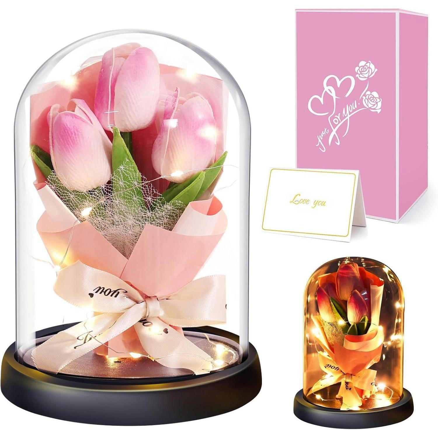 KUNSTBLUMEN im Glas mit LED-Licht Rosa - Rosa, Glas (15cm)