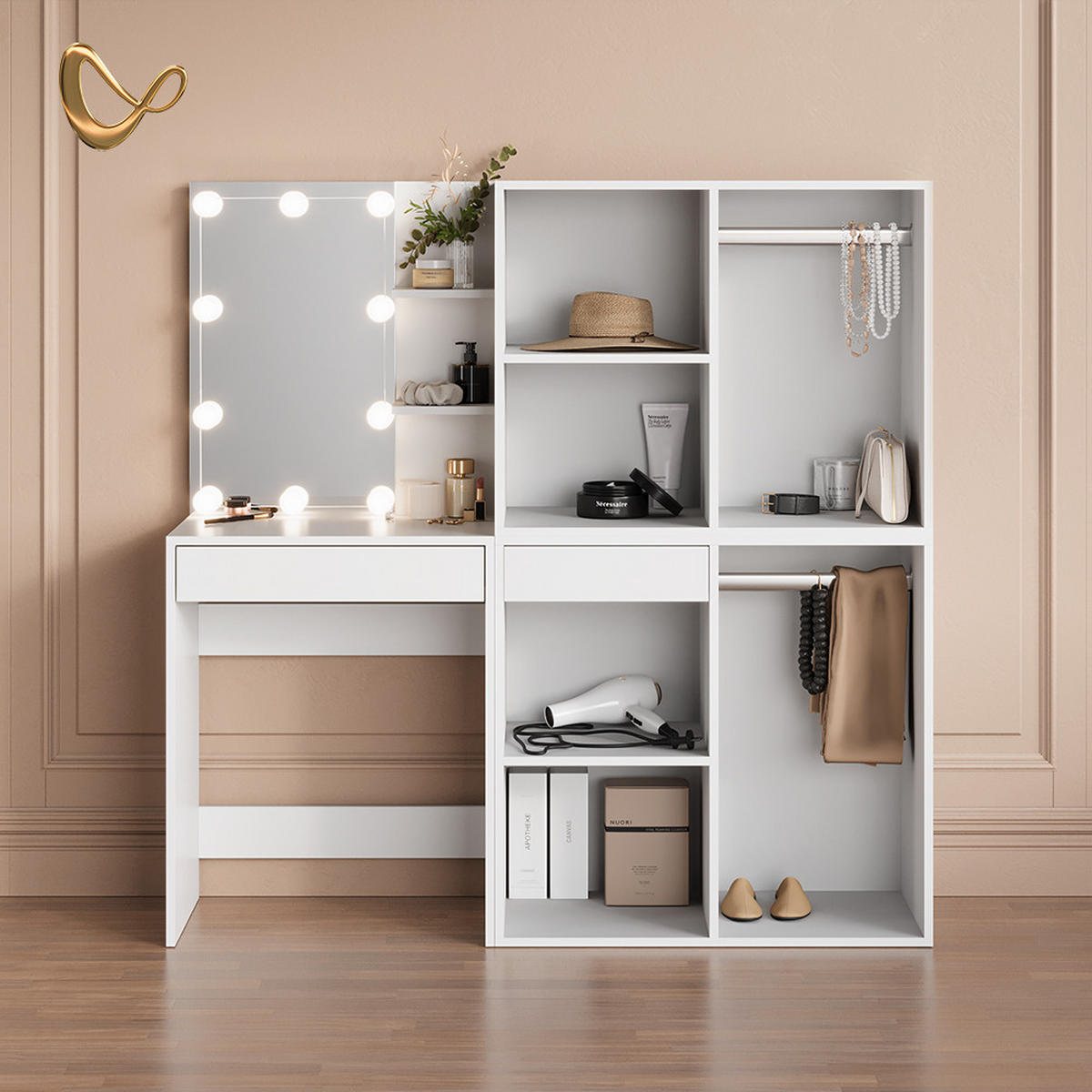 SCHMINKTISCH Nola Weiß 140 cm mit LED Beleuchtung und Schränken - Weiß, Holzwerkstoff (140/140/40cm) - Livinity®