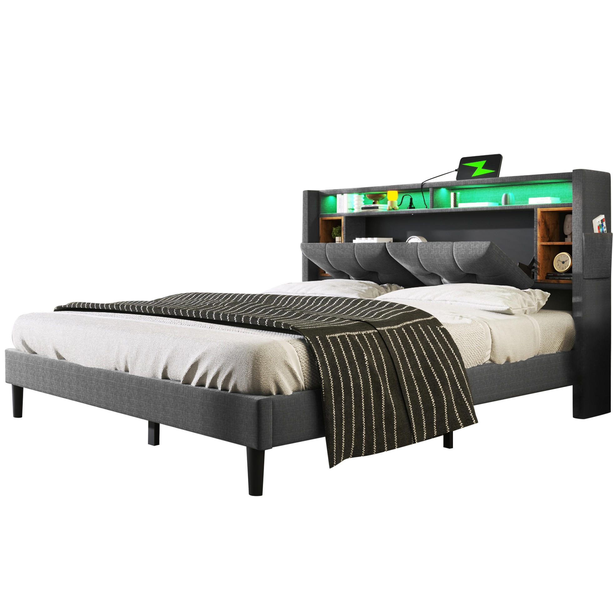 OKWISH ČALOUNĚNÁ postel 160x200 cm šedá z masivního dřeva s úložným čelem, USB a LED osvětlením