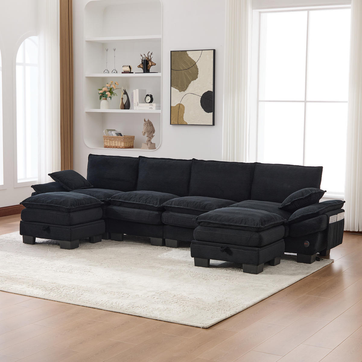 WOHNLANDSCHAFT Cord Schwarz mit USB-C und mit 2 Hocker - Schwarz, Holzwerkstoff/Kunststoff (330/84/132cm) - WISHDOR