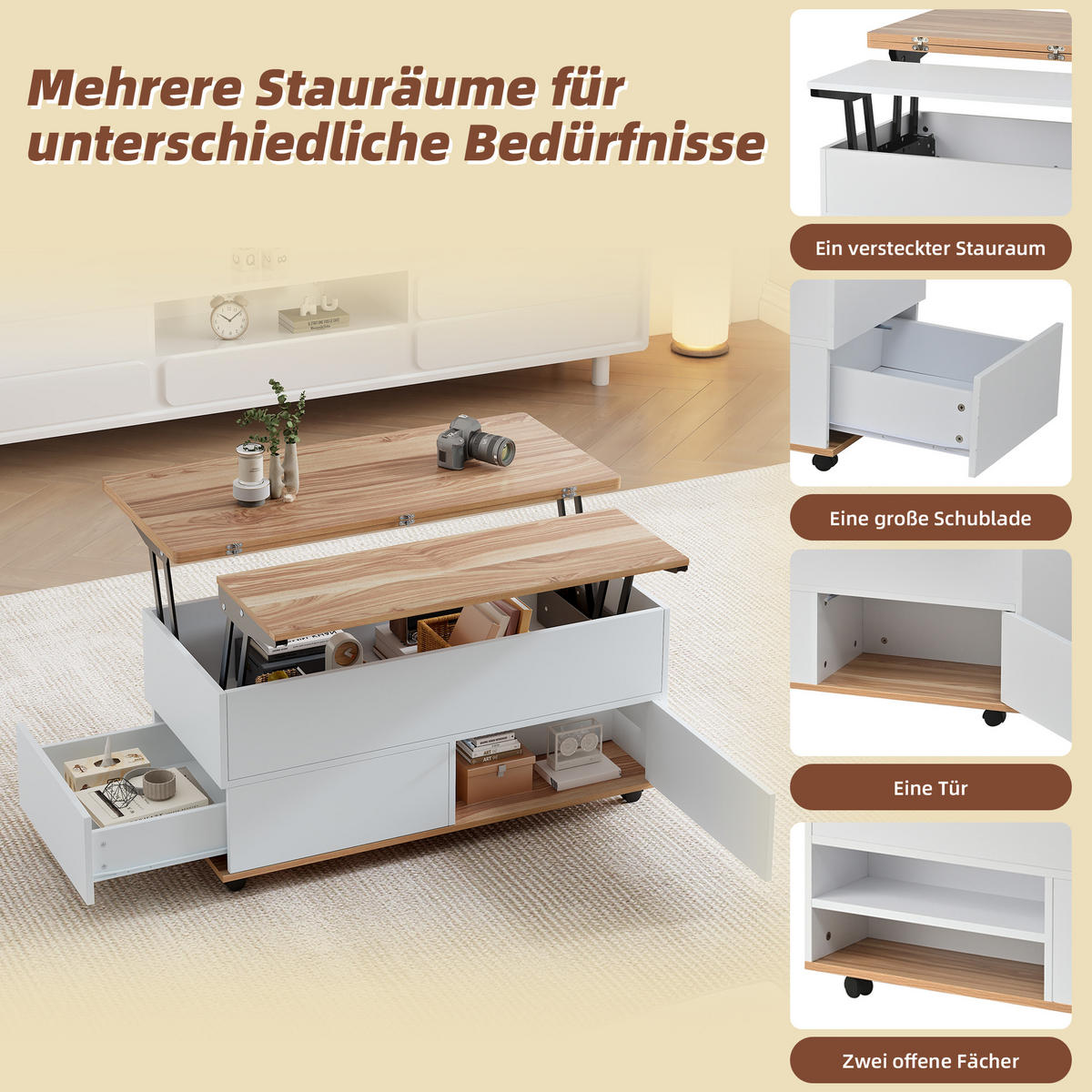 COUCHTISCH höhenverstellbar Weiß Naturholz 100x98x65cm mit Stauraum - Weiß, Holzwerkstoff (100/98/65cm) - FLIEKS