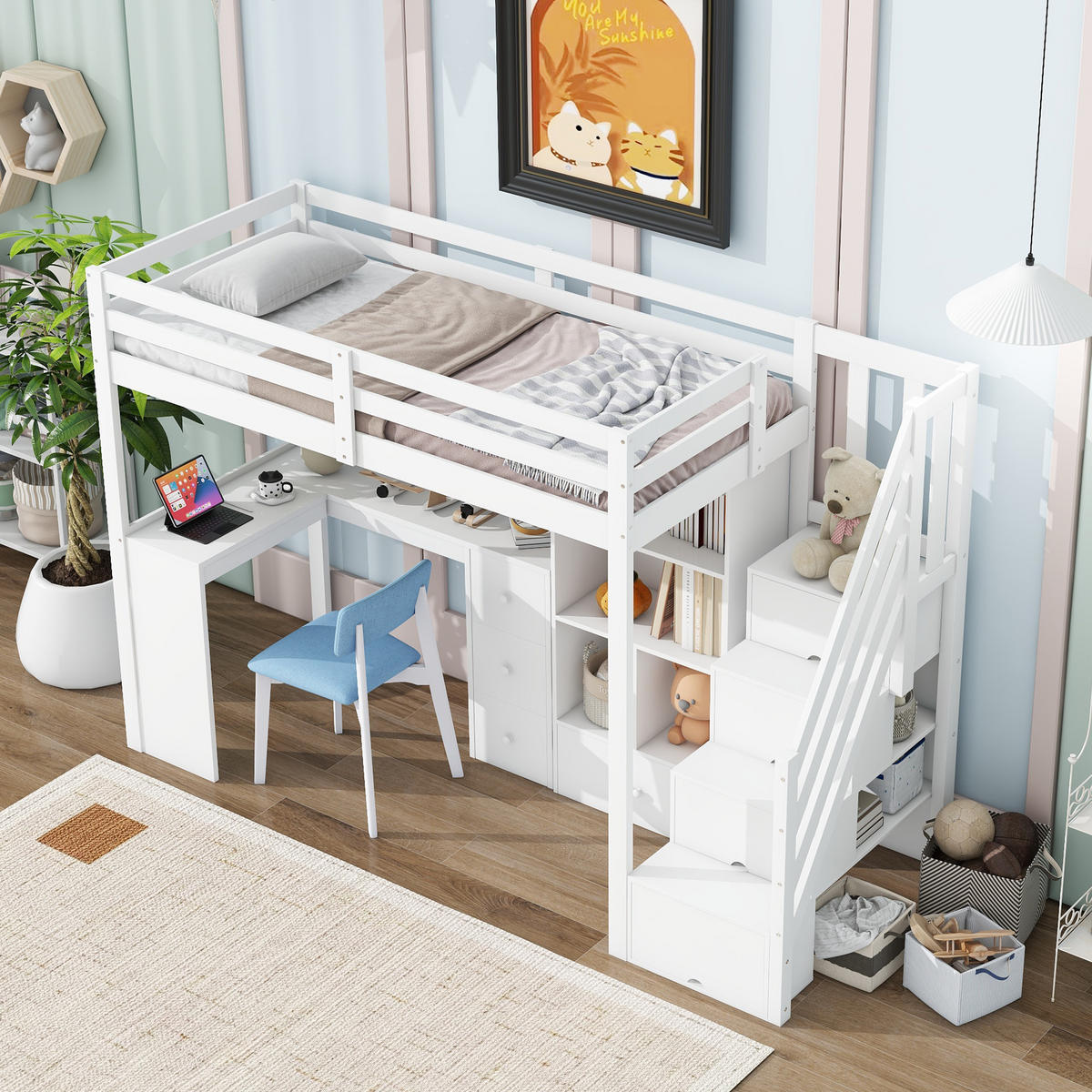 HOCHBETT 90/200 cm Weiß mit Schreibtisch und Stauraum - Weiß, Holz (90/200cm) - OKWISH