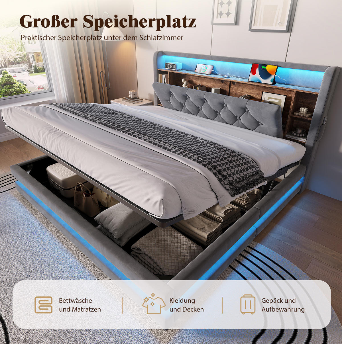 POLSTERBETT aus Samt 160x200 cm Dunkelgrau mit LED-Beleuchtung, USB-C, Bettkasten und Lattenrost - Dunkelgrau, Textil (160/200cm) - Modfu