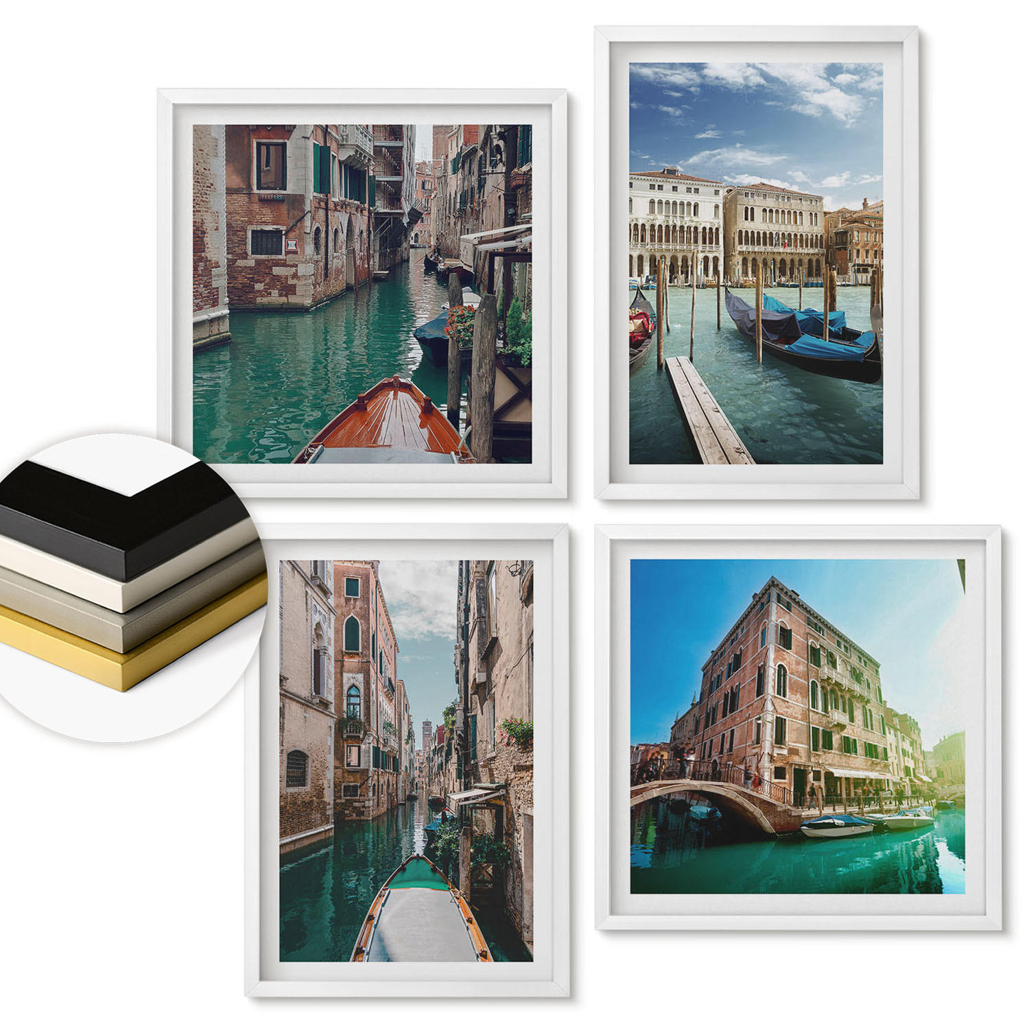 WANDBILDER 4er-Set - 50x50 cm & 40x60 cm Weißer Rahmen - Architektur der Kanäle von Venedig - Weiß, Kunststoff (50/50cm) - ArtPrintCave