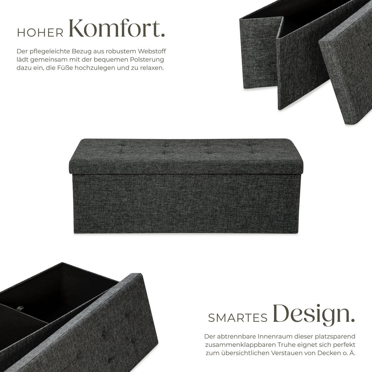 SITZHOCKER mit Stauraum, 110 x 38 x 38 cm,dunkelgrau - Dunkelgrau, Textil (38/38/110cm) - tectake