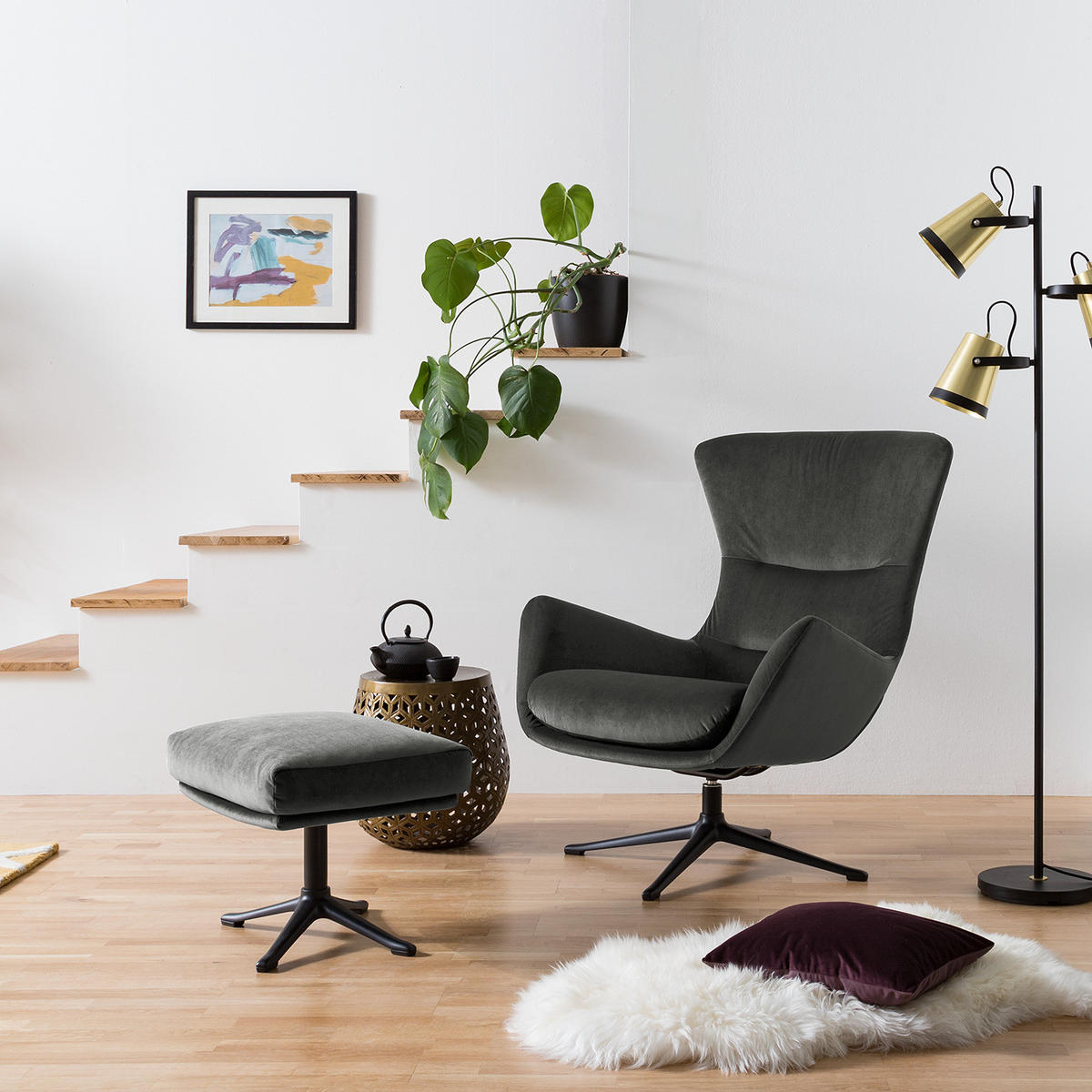 HOCKER mit Kreuzfuß - Schwarz/Grün, Textil (54/41/41cm) - home24