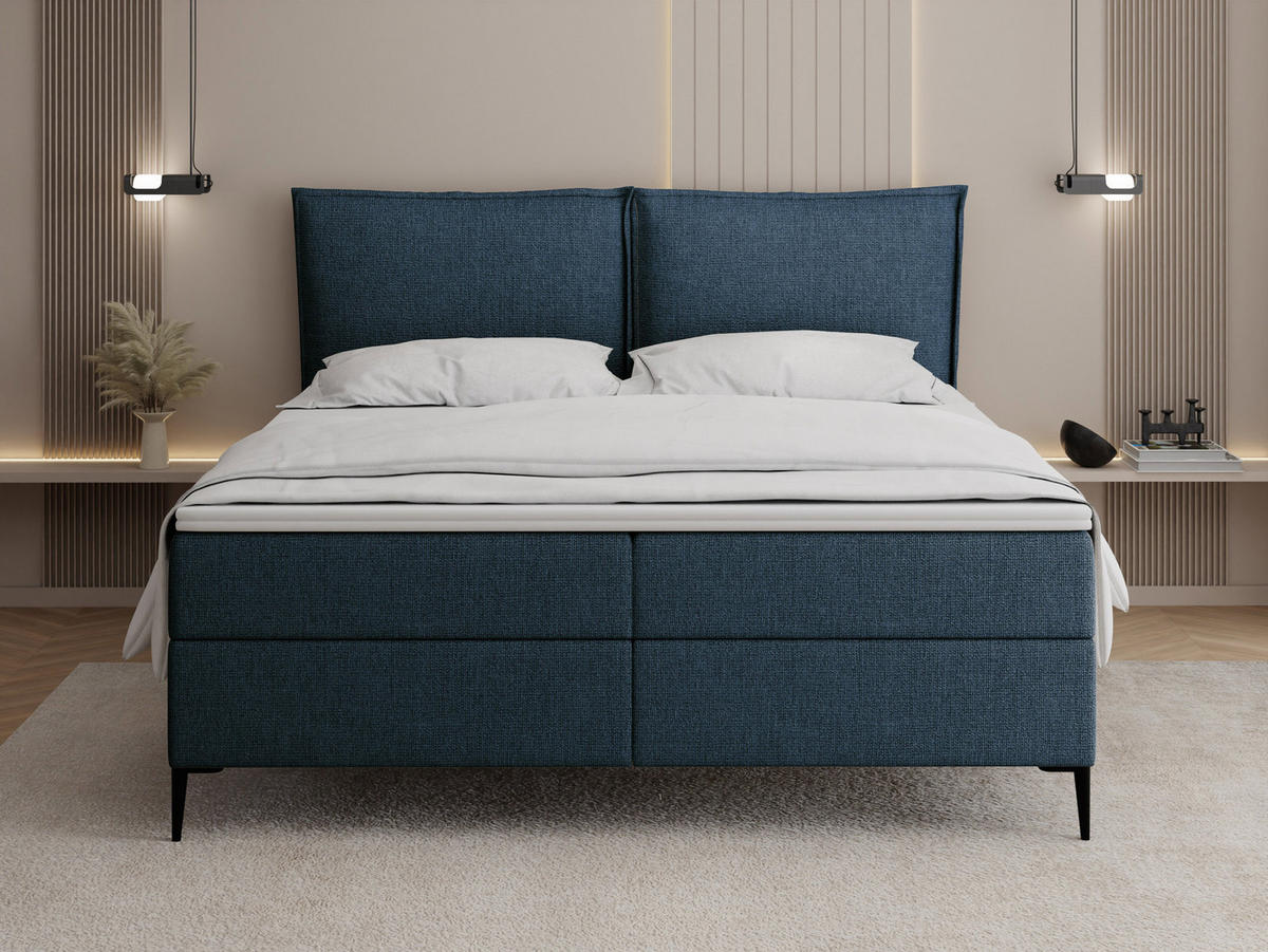 BOXBETT Calio Rise mit Bettkasten, Dunkelblau Chenille 180x200 cm – inkl. H4 Taschenfederkern Matratze & Foam Topper - Schwarz/Dunkelblau, Holz/Holzwerkstoff (180/200cm) - WFL GROUP