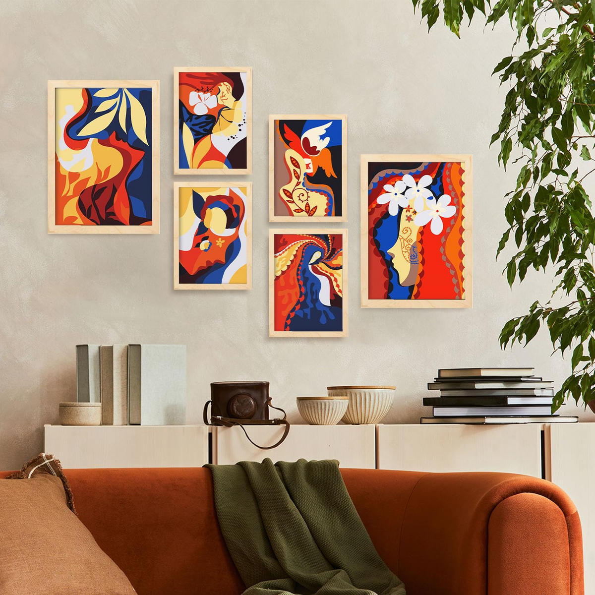 POSTER Set Mit 6 Zarte Collage im femininen abstrakten Stil Größe A3 & A4 Rahmen aus hellem Holz - Beige, Papier (29.7/1cm) - Nacnic