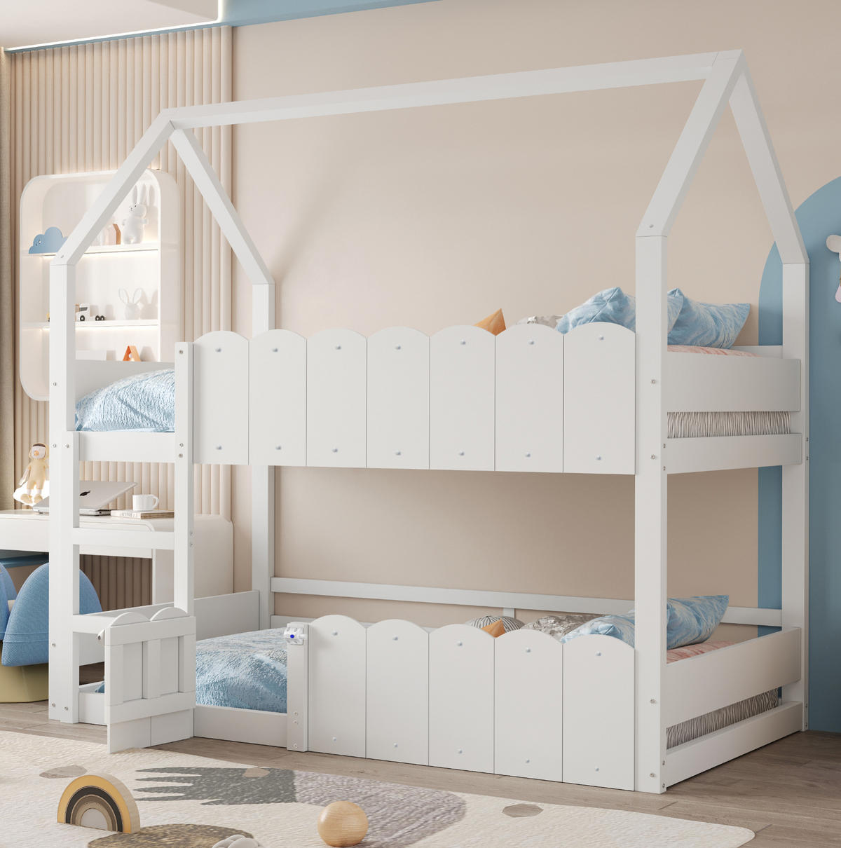 KINDERETAGENBETT 90x200 cm in Weiß im Hausdesign mit Sicherheitsgeländern - Weiß, Holz (90/200cm) - IVMEU