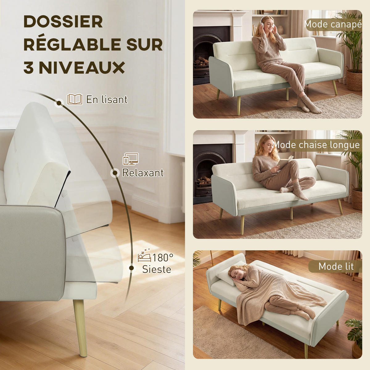 SCHLAFSOFA DE-13497 3-in-1, Klick-Klack-Mechanismus Beige - Beige, Textil (185/83/84cm) - ComfortXL