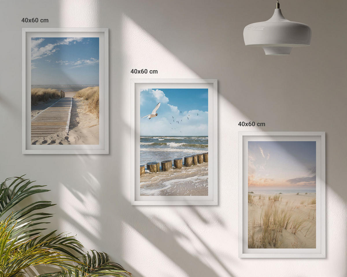BILDER SET 3er Set - 40x60 cm Weißer Rahmen - Strand, Sand, Wellen, Himmel, Vögel - Weiß, Kunststoff (40/60cm) - TULUP