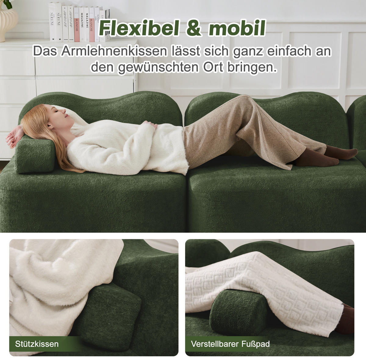 2-SITZER-SOFA aus Samt Grün rahmenlos mit Wellenform, tiefer Sitzfläche und beweglichem Armlehnenkissen - Grün, Textil (192/70/98cm) - Modfu