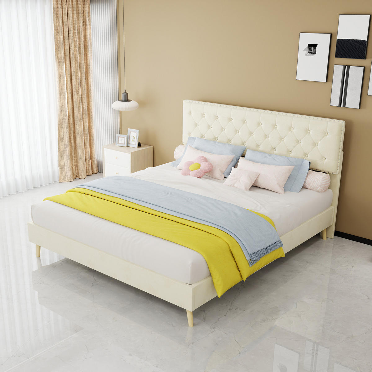 POLSTERBETT 160/200 cm in Beige Samt mit hohem Kopfteil und Stauraum - Beige, Holzwerkstoff/Textil (160/200cm) - STILVORA