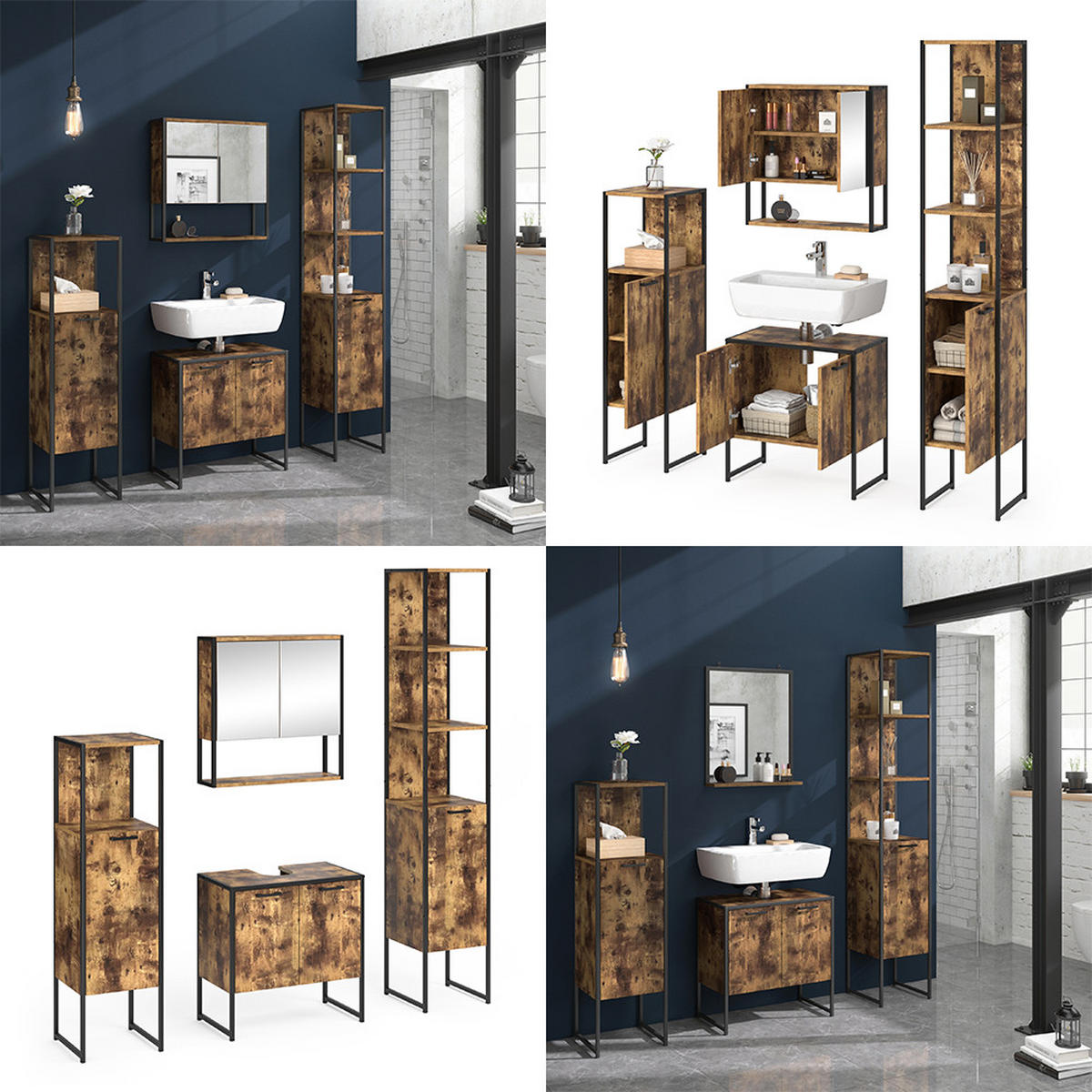 BADMÖBEL-SET Fyrk Antikholz 4 Teile - Eichefarben/Schwarz, Holzwerkstoff (60/60/33cm) - Vicco