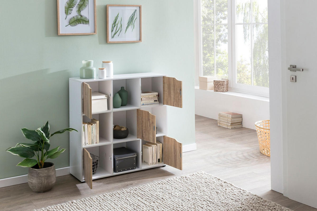 REGAL – Weiß/Sonoma, 89x91x29 cm, 9 Fächer, für Bücher und Deko - Schwarz/Weiß, Holz (89/91/29cm) - KADIMA DESIGN