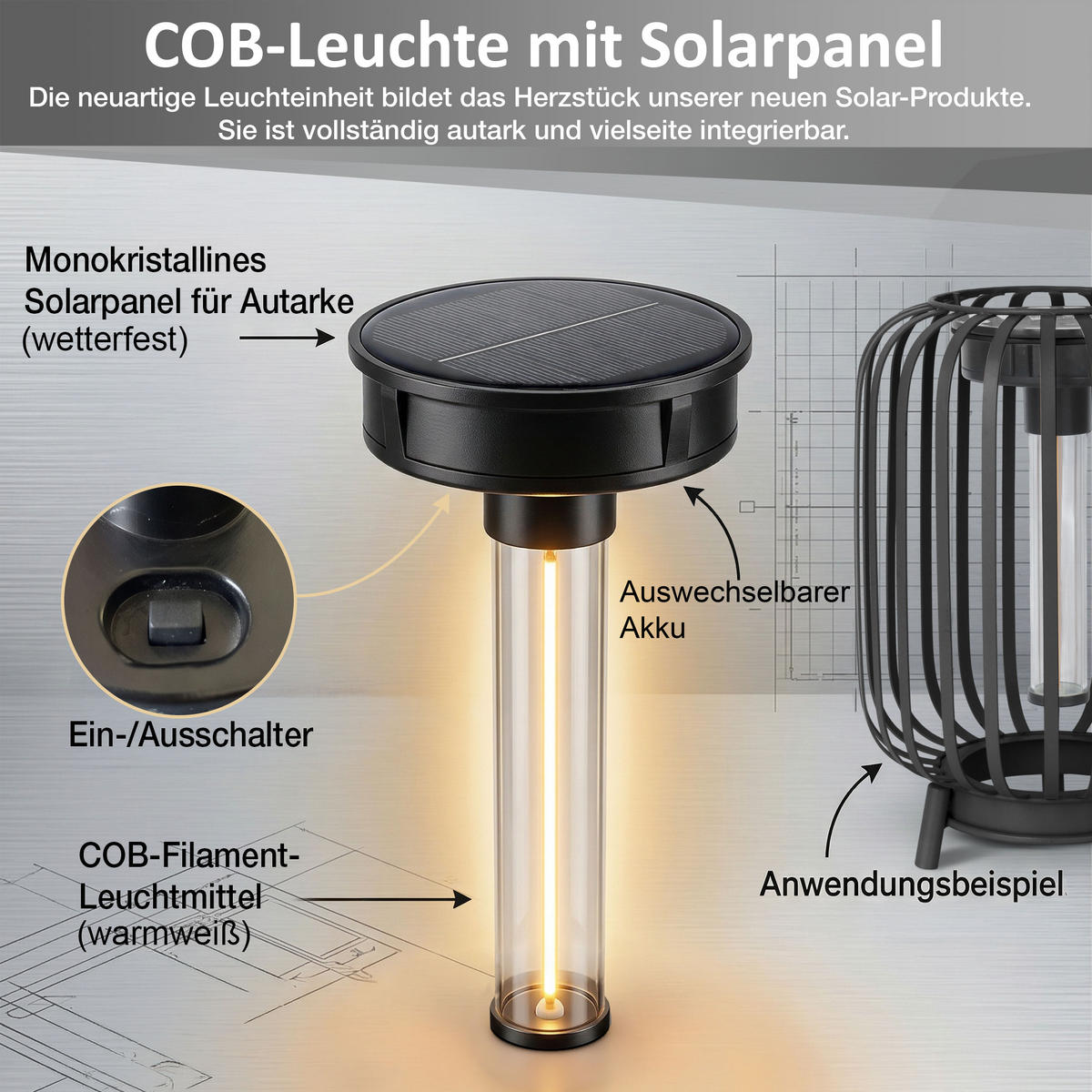 SOLAR-STEHLEUCHTE 3in1 mit COB-LED Solarpanel ELBLIGHT 17x17x68cm Metall Höhenverstellbar schwarz - Schwarz, Metall (17/17/68cm) - Northpoint
